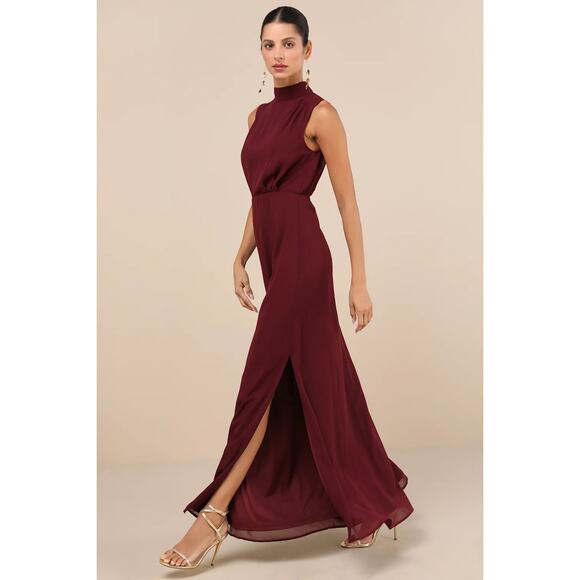 Lulus Classic Elegance Plum Chiffon Sleeveless Mock Neck Maxi Dress Wedding Sz L - Picture 1 of 5